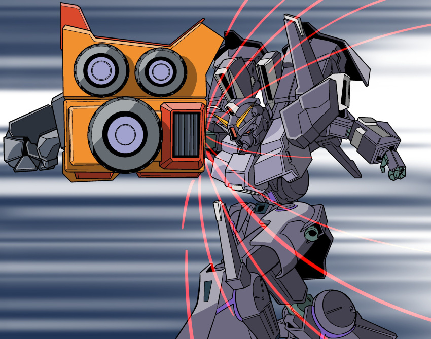 absurdres commentary_request company_connection gattai giant_hand goldymarg gradient gradient_background grey_background gundam gundam_narrative highres mecha nahoyan no_humans red_eyes silver_bullet_suppressor striped striped_background sunrise_(company) white_background you're_doing_it_wrong yuusha_ou_gaogaigar yuusha_series