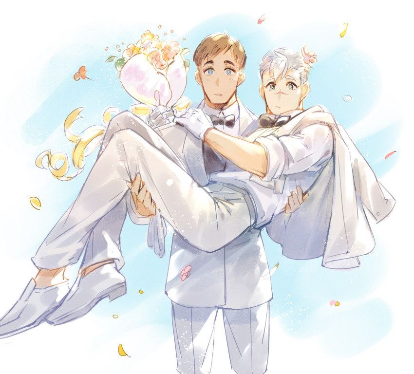 2boys absurdres blue_eyes bomssp bouquet bow bowtie brown_hair carrying couple curtis_(voltron) flower formal gloves grey_eyes hair_flower hair_ornament highres husband_and_husband looking_at_viewer male_focus multiple_boys princess_carry scar suit takashi_shirogane voltron:_legendary_defender white_gloves white_hair white_suit yaoi