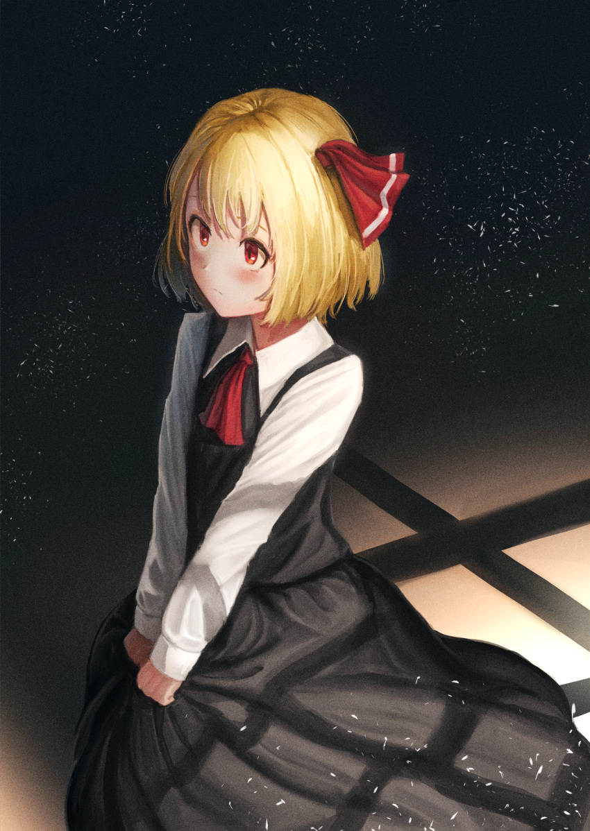 1girl black_skirt black_vest blonde_hair blush commentary_request cravat dark_room expressionless film_grain fjsmu from_above hair_ribbon highres indoors light_particles long_sleeves looking_to_the_side red_eyes red_neckwear ribbon rumia shadow shirt short_hair sitting skirt skirt_grab solo touhou v_arms vest white_shirt wing_collar yokozuwari