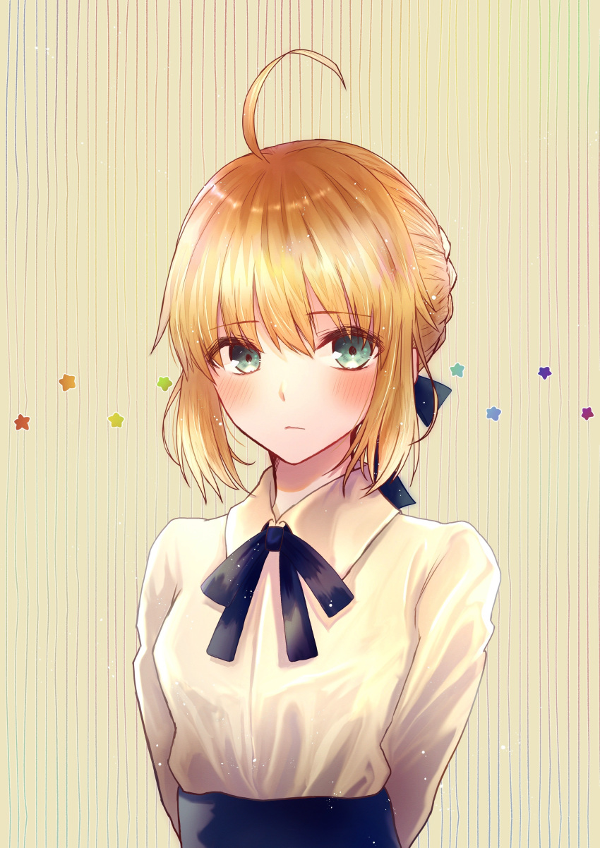 1girl absurdres ahoge arms_behind_back artoria_pendragon_(all) bangs blonde_hair blue_ribbon blush braided_bun closed_mouth collared_shirt eyebrows_visible_through_hair fate/stay_night fate_(series) green_eyes hair_between_eyes hair_ribbon highres looking_at_viewer mel-melty neck_ribbon ribbon saber shirt short_hair sidelocks solo striped striped_background upper_body white_background white_shirt wing_collar