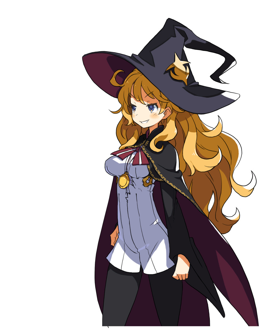 1girl absurdres black_legwear blonde_hair blue_eyes blush cape cowboy_shot grin harada_takehito hat highres jewelry long_hair long_sleeves official_art pendant refrain_no_chika_meikyuu_to_majo_no_ryodan smile solo transparent_background witch_hat