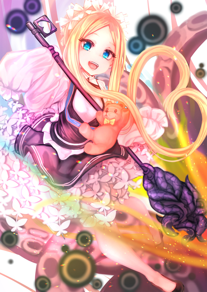 abigail_williams_(fate/grand_order) apron bangs blonde_hair blue_eyes butterfly_hair_ornament fate/grand_order fate_(series) hair_ornament henny60225 heroic_spirit_chaldea_park_outfit highres holding key maid maid_apron maid_headdress parted_bangs sleeves_past_fingers sleeves_past_wrists smile stuffed_animal stuffed_toy teddy_bear tentacles