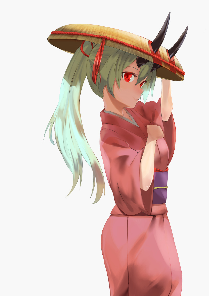 1girl ao_oni_(onioni-aoi) black_horns commentary_request fate/grand_order fate_(series) hair_between_eyes hair_ribbon hat highres horns_through_headwear japanese_clothes kimono long_hair looking_at_viewer looking_to_the_side obi oni_horns pink_kimono ponytail red_eyes red_ribbon ribbon sandogasa sash silver_hair simple_background solo tomoe_gozen_(fate/grand_order) white_background