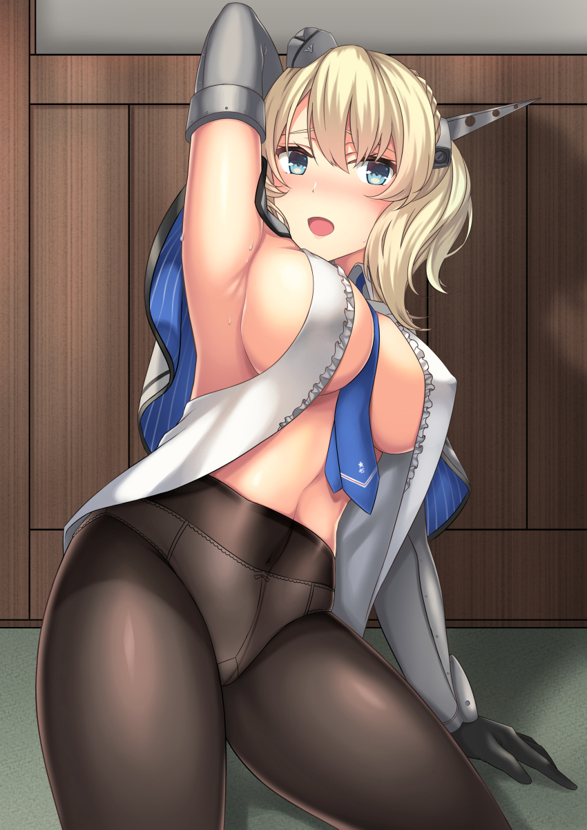 1girl absurdres armpit_peek blonde_hair blue_eyes blush braid breasts colorado_(kantai_collection) elbow_gloves french_braid garrison_cap gloves grey_gloves grey_headwear hair_between_eyes hat highres holding_clothes indoors kantai_collection large_breasts looking_at_viewer navel neckwear_between_breasts open_mouth pantyhose sideboob solo sweat zhou_yu_(ppaaqz1995)