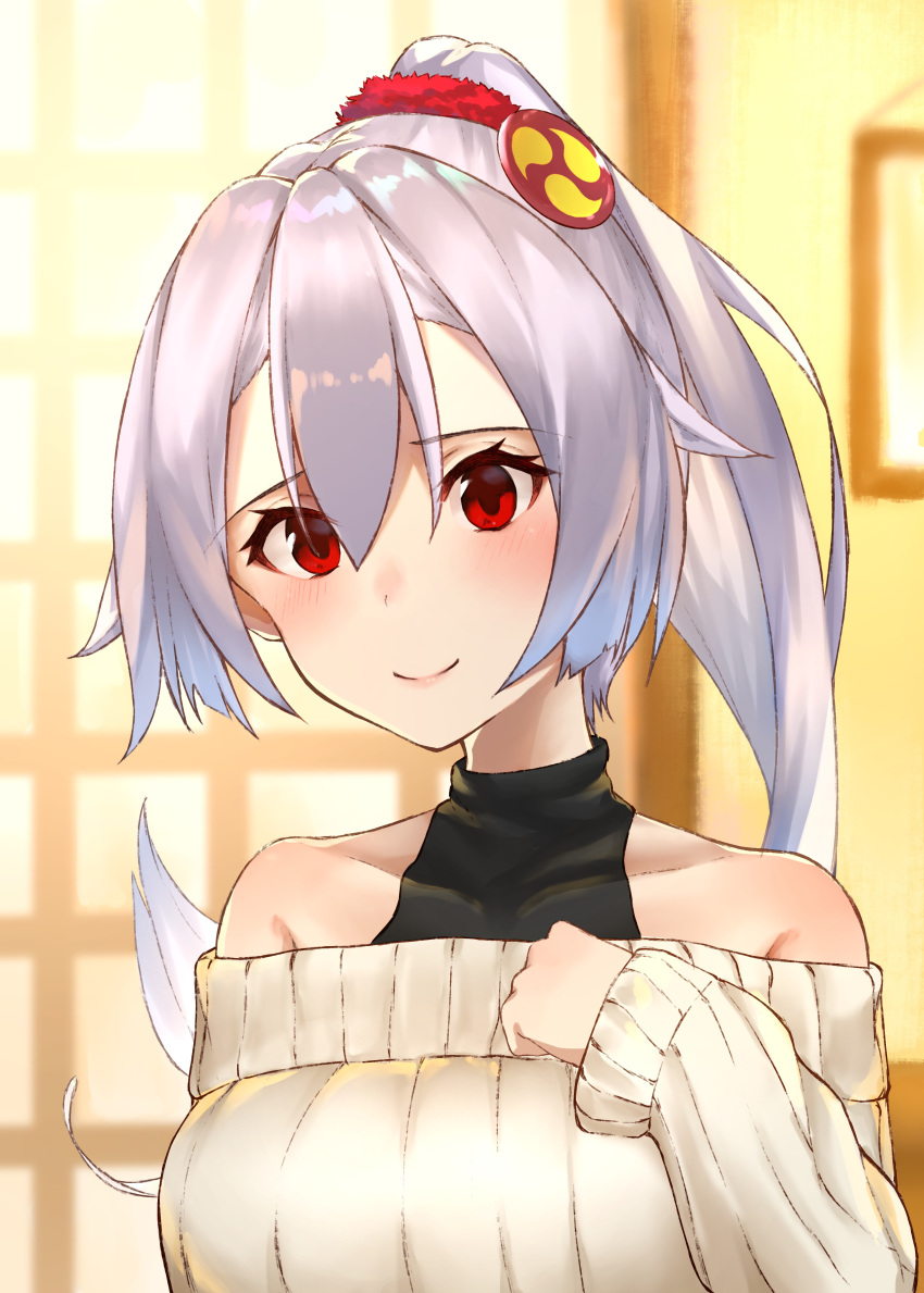 1girl absurdres bare_shoulders black_undershirt blush commentary_request eyebrows_visible_through_hair fate/grand_order fate_(series) hair_between_eyes hair_ornament hair_scrunchie highres long_hair looking_at_viewer mitsudomoe_(shape) off-shoulder_sweater off_shoulder red_eyes red_scrunchie ribbed_sweater scrunchie silver_hair smile solo sweater takubon_(xewh4773) tomoe_(symbol) tomoe_gozen_(fate/grand_order) upper_body white_sweater