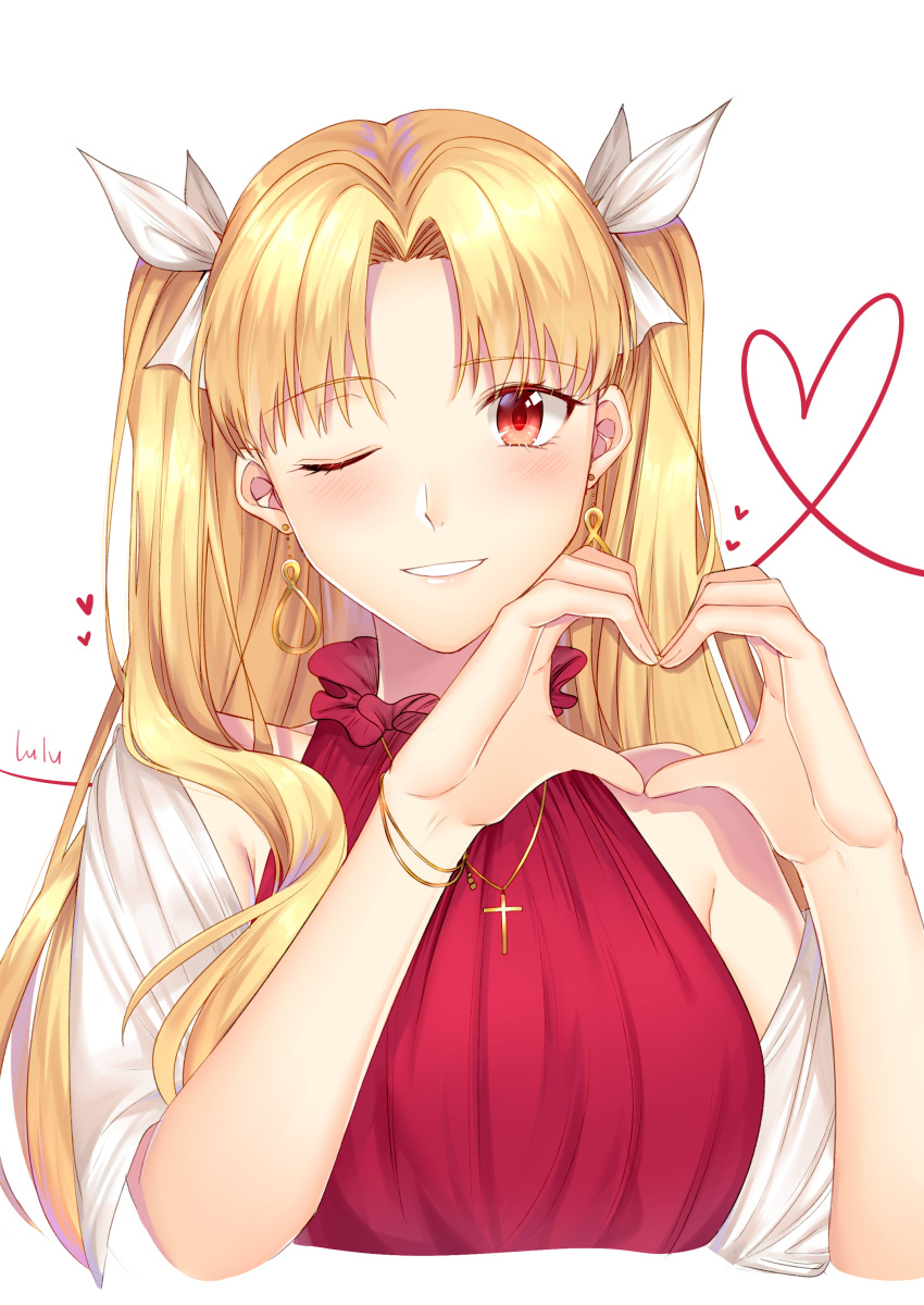 1girl absurdres bangs bare_shoulders bitter_sweet_(fate/grand_order) blonde_hair blush cross cross_necklace dress earrings english_commentary ereshkigal_(fate/grand_order) eyebrows_visible_through_hair fate/grand_order fate_(series) furureruu hair_ribbon heart highres infinity jewelry long_hair looking_at_viewer necklace one_eye_closed parted_bangs red_dress red_eyes ribbon shawl signature simple_background sleeveless sleeveless_dress smile solo two_side_up upper_body white_background white_ribbon