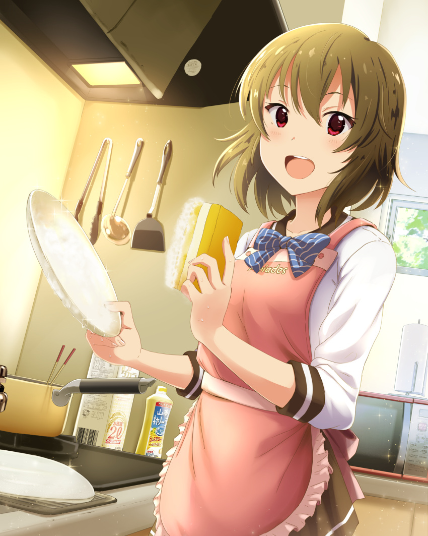 1girl apron bow bowtie brown_hair commentary_request dish dutch_angle highres idolmaster idolmaster_million_live! kitchen looking_at_viewer nagayoshi_subaru open_mouth pot red_eyes shiokazunoko short_hair solo sponge