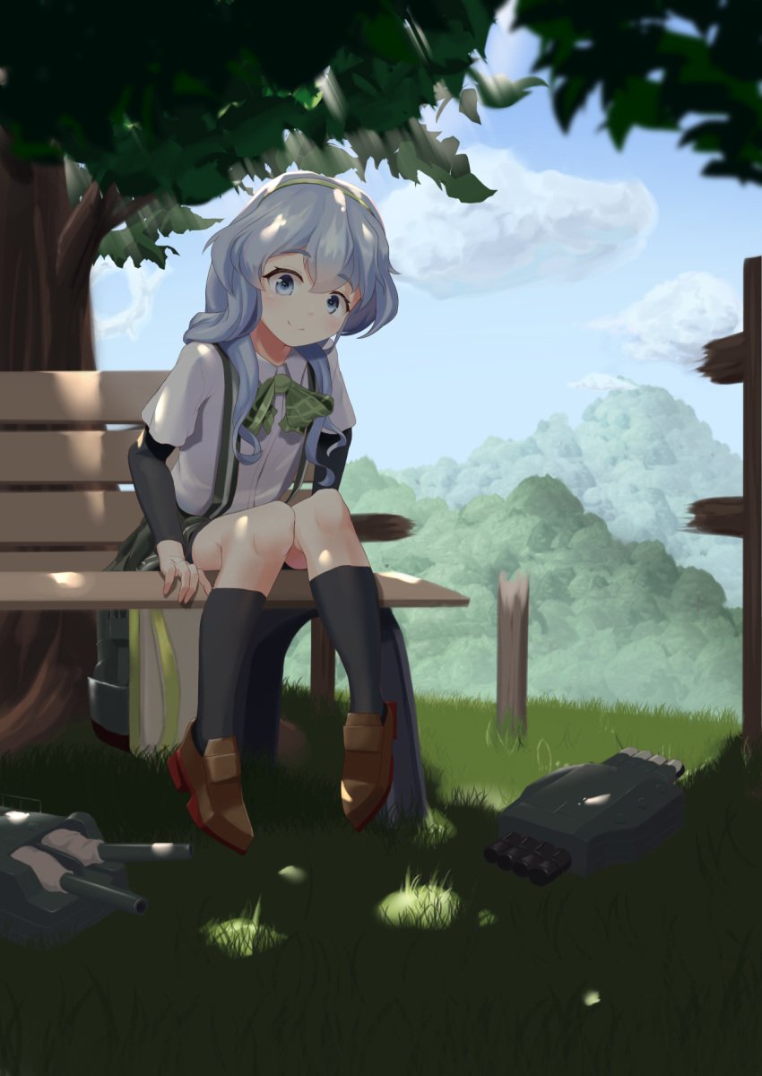 1girl adapted_turret bench bike_shorts black_shorts blue_sky bow bowtie cannon clouds dappled_sunlight day grass green_hairband grey_eyes grey_skirt hairband highres kantai_collection kneehighs loafers long_hair machinery metadio mountain outdoors park_bench pleated_skirt shirt shoes shorts sidelocks silver_hair sitting skirt sky smokestack solo sunlight suspender_skirt suspenders torpedo_launcher tree_shade turret wavy_hair white_shirt yamagumo_(kantai_collection)