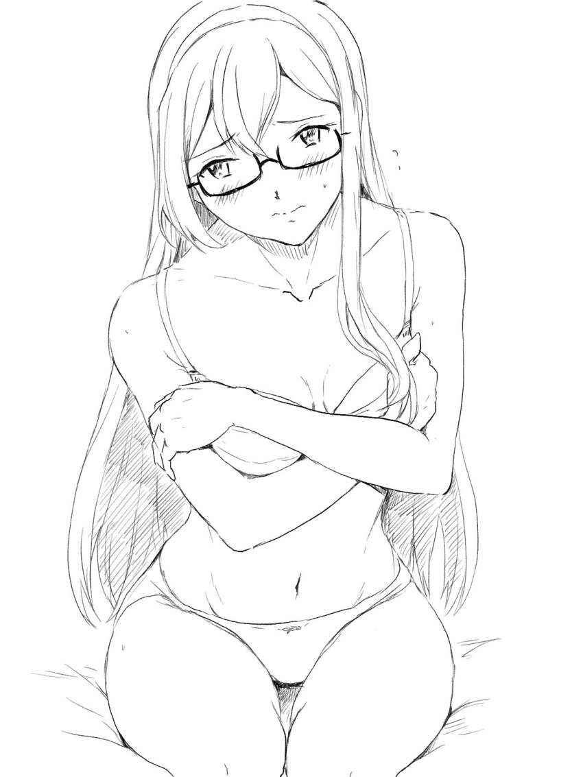 blush bra breasts covering covering_breasts crossed_arms glasses groin hair_between_eyes highres kantai_collection long_hair looking_away medium_breasts navel ooyodo_(kantai_collection) panties semi-rimless_eyewear sweatdrop thighs traditional_media under-rim_eyewear underwear vent_arbre wavy_mouth