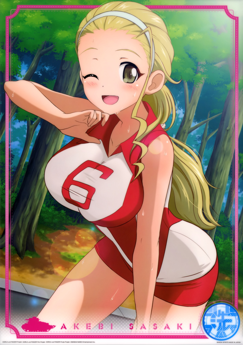 1girl ;d absurdres bent_over blonde_hair breasts brown_eyes card_(medium) collarbone collared_shirt cowboy_shot dutch_angle girls_und_panzer hairband highres large_breasts long_hair looking_at_viewer one_eye_closed open_mouth outdoors ponytail print_shirt red_shorts sasaki_akebi shirt short_shorts shorts sleeveless sleeveless_shirt smile solo sportswear standing sweat tree very_long_hair volleyball_uniform white_hairband wing_collar