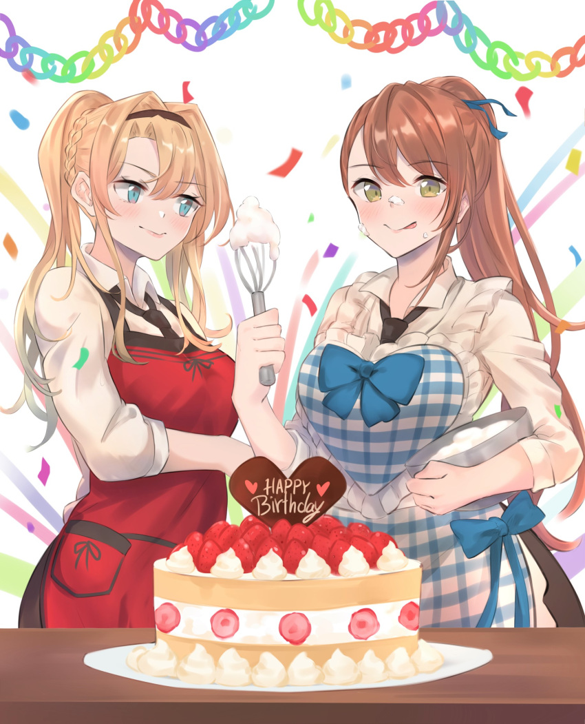 2girls apron asymmetrical_bangs bangs beatrix_(granblue_fantasy) birthday_cake black_neckwear blonde_hair blue_bow blue_eyes bow brown_hair cake confetti english_commentary eyebrows_visible_through_hair food fruit granblue_fantasy hair_between_eyes happy_birthday highres holding_pot holding_whisk icing licking_lips long_hair looking_at_another looking_at_viewer loose_necktie multiple_girls necktie plaid plaid_apron red_apron renzu_(lens_02) strawberry swept_bangs table tongue tongue_out very_long_hair whisk yellow_eyes zeta_(granblue_fantasy)