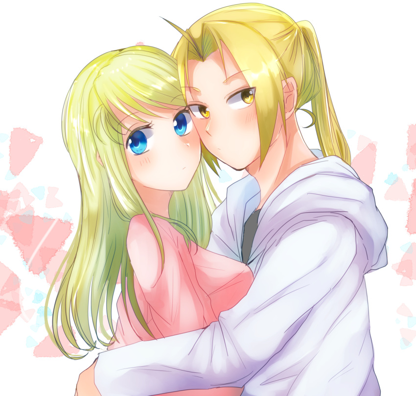 1boy 1girl absurdres blonde_hair blue_eyes blush closed_mouth couple edward_elric from_side fullmetal_alchemist highres hood hood_down hooded_sweater hug long_hair looking_at_viewer machi_(xxx503r) pink_shirt ponytail shirt solo sweater white_background white_sweater winry_rockbell yellow_eyes