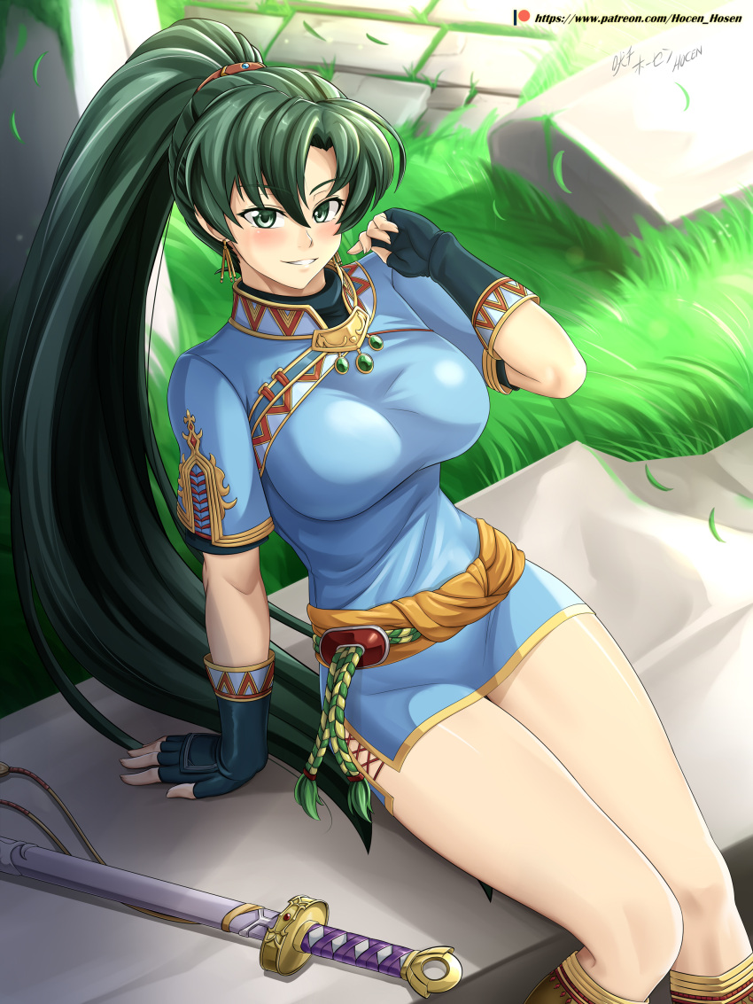 1girl absurdres black_gloves blue_dress blush breasts closed_mouth day dress earrings fingerless_gloves fire_emblem fire_emblem:_rekka_no_ken fire_emblem:_the_blazing_blade gloves green_eyes green_hair grin hair_between_eyes highres intelligent_systems jewelry large_breasts long_hair looking_at_viewer lyn_(fire_emblem) lyndis_(fire_emblem) nintendo outdoors patreon_username sheath sheathed shiny shiny_clothes shiny_skin short_dress short_sleeves side_slit sitting smile solo super_smash_bros. sword thighs very_long_hair vilde_loh_hocen weapon