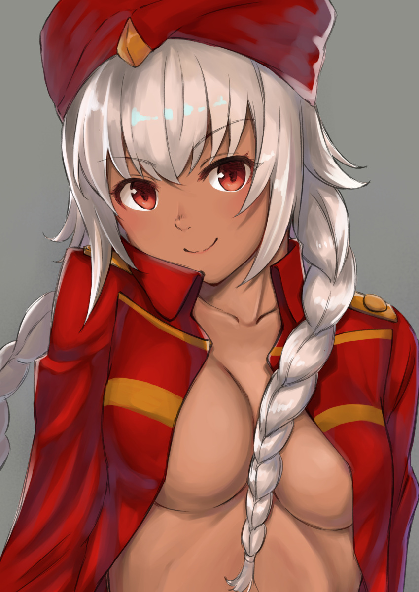 1girl absurdres braid breasts breasts_apart cape chobbi collarbone commentary_request dark_skin eyebrows_visible_through_hair fate/grand_order fate_(series) grey_background grey_hair hair_between_breasts hair_between_eyes hair_over_shoulder head_tilt highres lakshmibai_(fate/grand_order) light_blush long_hair looking_at_viewer medium_breasts naked_cape red_cape red_eyes red_headwear smile solo turban twin_braids under_boob upper_body