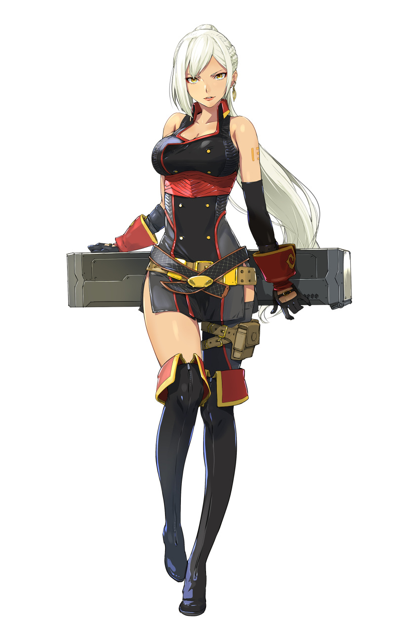 1girl absurdres arm_tattoo belt black_legwear boots braid breasts elbow_gloves enami_katsumi french_braid gloves highres holding holster large_breasts long_hair official_art oneechanbara simple_background solo tattoo thigh-highs thigh_boots thigh_holster white_background white_hair yellow_eyes