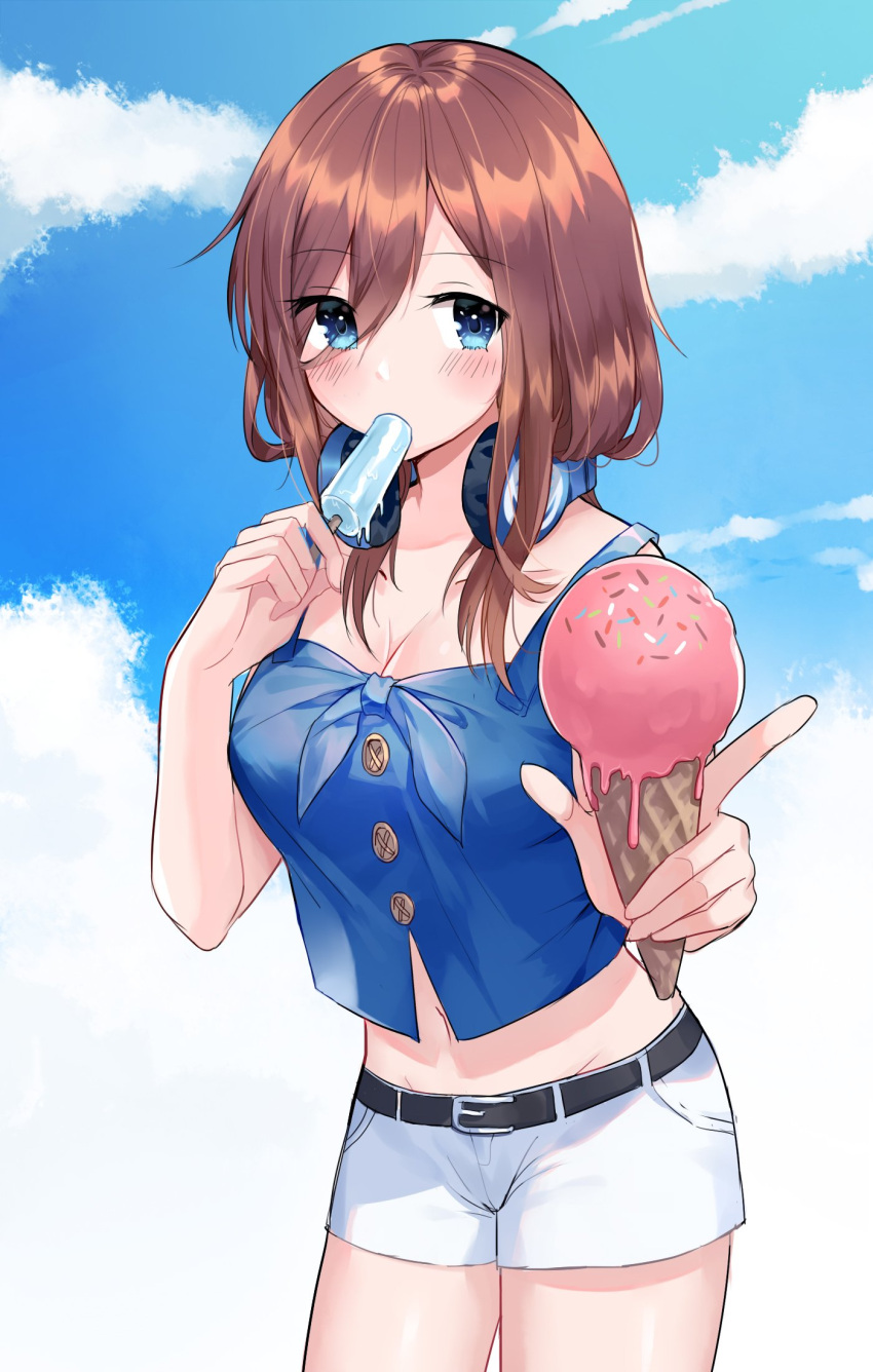 1girl bangs bare_shoulders blue_eyes blue_sky blue_vest blush breasts brown_hair crop_top food go-toubun_no_hanayome hair_between_eyes headphones headphones_around_neck highres holding holding_food ice_cream large_breasts medium_hair nakano_miku navel oenothera popsicle shorts sky thighs vest white_shorts