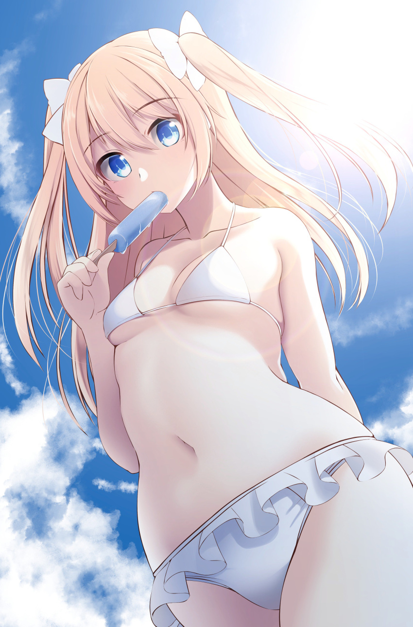 1girl absurdres arm_behind_back bangs bare_arms bare_shoulders bikini blonde_hair blue_eyes blue_sky bow breasts clouds cloudy_sky collarbone cowboy_shot day eating food frilled_bikini frills from_below hair_between_eyes hair_bow halterneck hand_up highres holding long_hair looking_at_viewer navel nekobaka original popsicle sidelocks sky small_breasts solo stomach sunlight swimsuit thighs two_side_up white_bikini white_bow