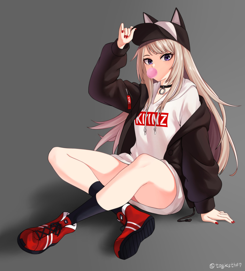 1girl arm_support bare_legs baseball_cap black_choker black_jacket blue_eyes bubble_blowing chewing_gum child_(isoliya) choker expressionless full_body grey_background hat hat_tip hat_with_ears highres hood hood_down hoodie indian_style jacket kmnz light_brown_hair long_hair long_sleeves looking_at_viewer mc_lita no_pants off_shoulder open_clothes open_jacket red_footwear shoes simple_background sitting virtual_youtuber