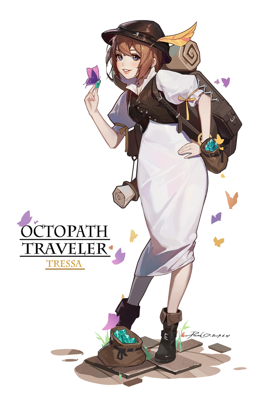 1girl artist_name backpack bag blue_eyes boots bracelet breasts brown_footwear brown_hair brown_headwear bug butterfly contrapposto copyright_name crystal dated dress full_body hand_on_hip hat hat_feather highres insect jewelry lips looking_at_viewer medium_breasts octopath_traveler pauld pouch puffy_short_sleeves puffy_sleeves scroll short_hair short_sleeves signature simple_background smile solo standing tressa_(octopath_traveler) vest white_background