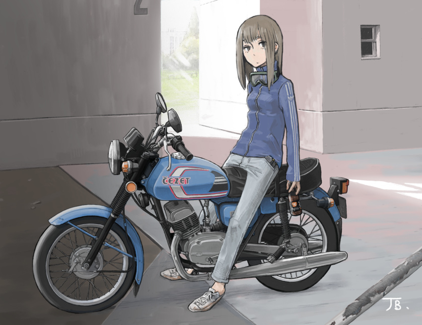 1girl adidas artist_name bangs blue_jacket blunt_bangs bottle breasts brown_eyes brown_hair building closed_mouth day denim eyebrows_visible_through_hair full_body goggles goggles_around_neck ground_vehicle holding holding_bottle jacket jeans jettoburikku long_sleeves looking_at_viewer medium_hair motor_vehicle motorcycle no_socks on_motorcycle original outdoors pants shoes sitting small_breasts sneakers solo sunlight track_jacket track_suit white_footwear zipper