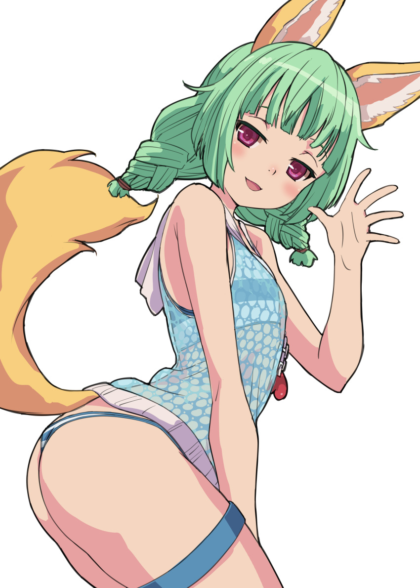 1girl absurdres animal_ear_fluff animal_ears ass bangs bare_arms bare_shoulders bikini_bottom blue_shirt chain character_request commentary_request eyebrows_behind_hair fox_ears fox_girl fox_tail green_hair hand_up heart highres hood hood_down leaning_forward long_hair looking_at_viewer looking_to_the_side low_twintails nyama shirt short_twintails simple_background sleeveless sleeveless_shirt solo striped striped_bikini_bottom tail tail_raised tera_online thigh_strap twintails violet_eyes white_background