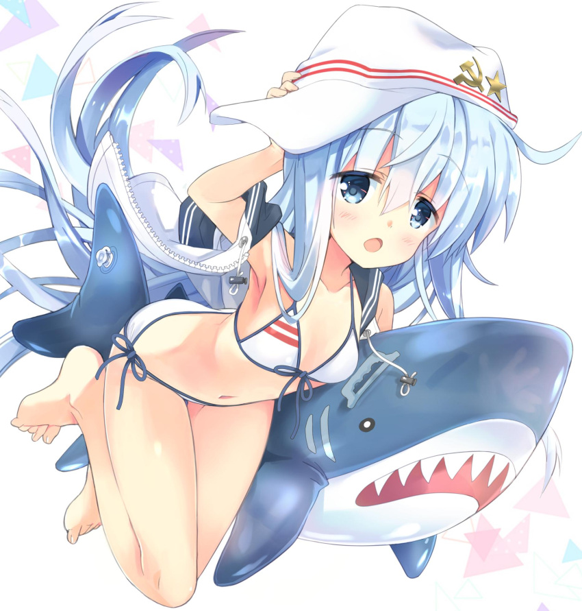 1girl barefoot bikini blue_eyes collarbone commentary_request flat_cap flat_chest full_body hammer_and_sickle hat hibiki_(kantai_collection) highres hizuki_yayoi hood hooded_vest hoodie inflatable_shark inflatable_toy kantai_collection looking_at_viewer navel open_mouth side-tie_bikini silver_hair simple_background solo swimsuit verniy_(kantai_collection) vest white_background white_bikini white_headwear white_vest