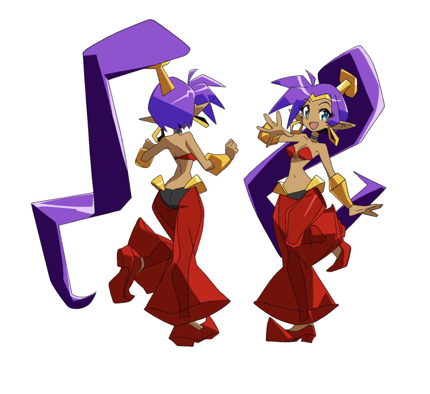 1girl arm_at_side ass blue_eyes bracer breasts character_sheet earrings eyebrows_visible_through_hair eyelashes eyes_visible_through_hair full_body harem_pants highres hoop_earrings jewelry leg_up long_hair looking_at_viewer navel official_art pants ponytail purple_hair shantae_(character) shantae_(series) shantae_5 simple_background smile solo stomach tiara trigger_(company) very_long_hair white_background