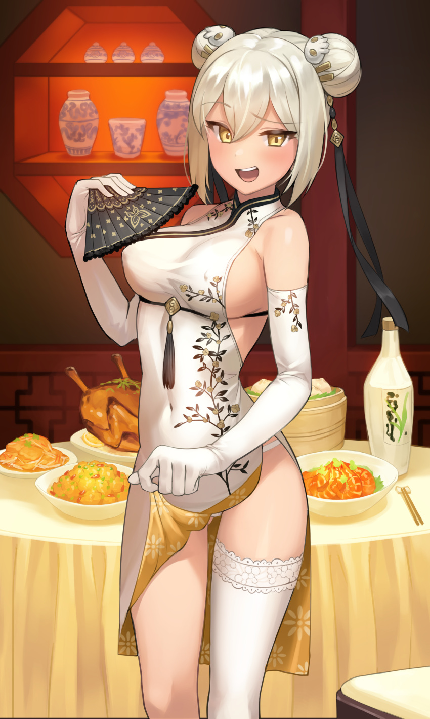 1girl :d absurdres bare_shoulders blush bottle bowl breasts chicken_(food) china_dress chinese_clothes chopsticks covered_nipples double_bun dress elbow_gloves fan floral_print food gloves hair_between_eyes hair_ornament highres kkamja looking_at_viewer open_mouth original paid_reward panties patreon_reward platinum_blonde_hair sideboob single_thighhigh smile solo table teeth thigh-highs underwear white_gloves white_legwear white_panties yellow_eyes