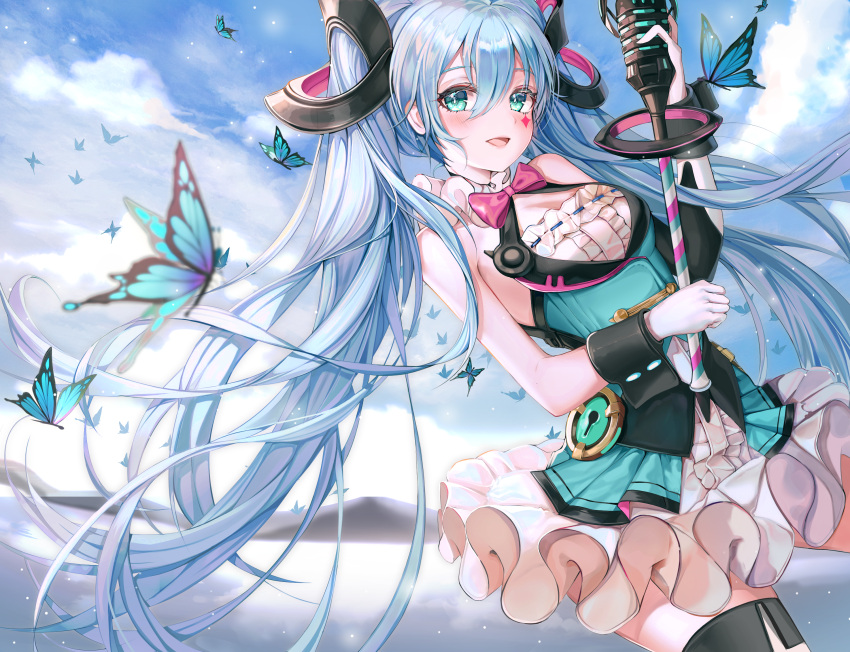 1girl blue_hair bow bowtie bug butterfly clouds ei_(tndusdldu) floating_hair gloves green_eyes hatsune_miku highres insect long_hair looking_at_viewer magical_mirai_(vocaloid) microphone open_mouth outdoors skirt sky solo thigh-highs twintails very_long_hair vocaloid white_gloves