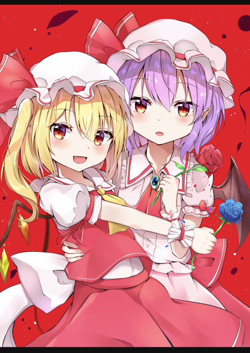2girls :o absurdres arm_up bat_wings blonde_hair blouse blue_flower blue_rose blush brooch commentary_request cowboy_shot cravat english_commentary eyebrows_visible_through_hair fang flandre_scarlet flower hair_between_eyes hand_on_another's_back hat hat_ribbon highres holding holding_flower iyo_(ya_na_kanji) jewelry leaning_back letterboxed looking_at_viewer mixed-language_commentary mob_cap multiple_girls open_mouth petals pink_blouse pink_headwear pink_skirt pointy_ears puffy_short_sleeves puffy_sleeves purple_hair red_background red_eyes red_flower red_neckwear red_rose red_skirt red_vest remilia_scarlet ribbon rose shirt short_hair short_sleeves siblings side_ponytail simple_background sisters skirt skirt_set slit_pupils standing touhou vest white_headwear white_shirt wings wrist_cuffs yellow_neckwear