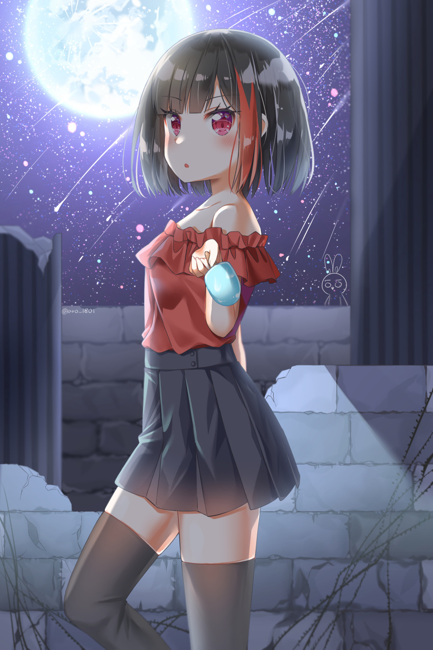 1girl absurdres aro_1801 artist_name bang_dream! bangs bare_shoulders black_hair black_legwear black_skirt blush bob_cut collarbone commentary_request eyebrows_visible_through_hair frills highres hodling holding looking_at_viewer mitake_ran moon multicolored_hair night outdoors parted_lips pleated_skirt red_shirt redhead shirt short_hair skirt smile solo streaked_hair thigh-highs