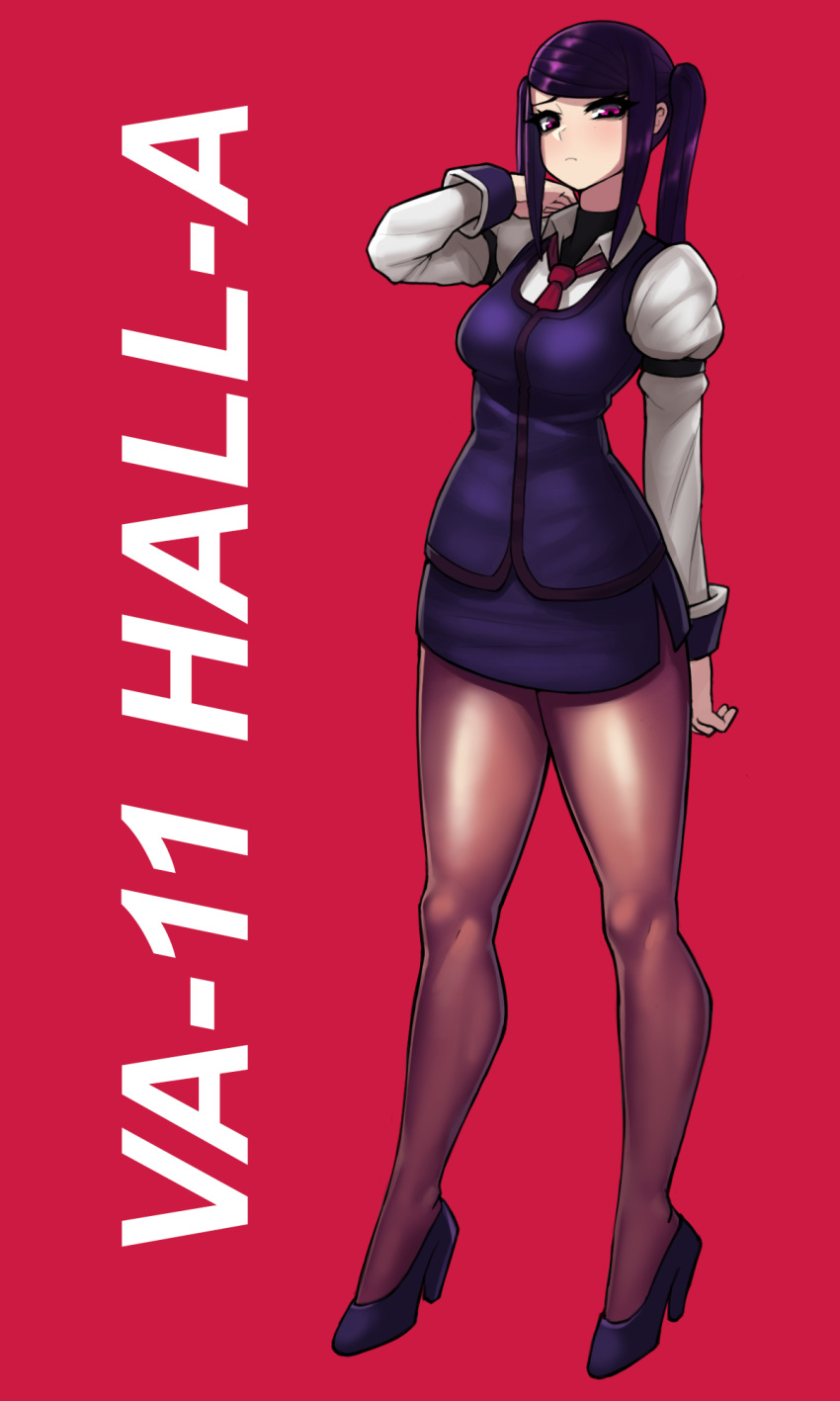 1girl bangs black_legwear blush copyright_name donburikazoku full_body high_heels highres jill_stingray long_hair looking_at_viewer necktie pantyhose pencil_skirt purple_hair red_background simple_background skirt solo twintails uniform va-11_hall-a vest violet_eyes