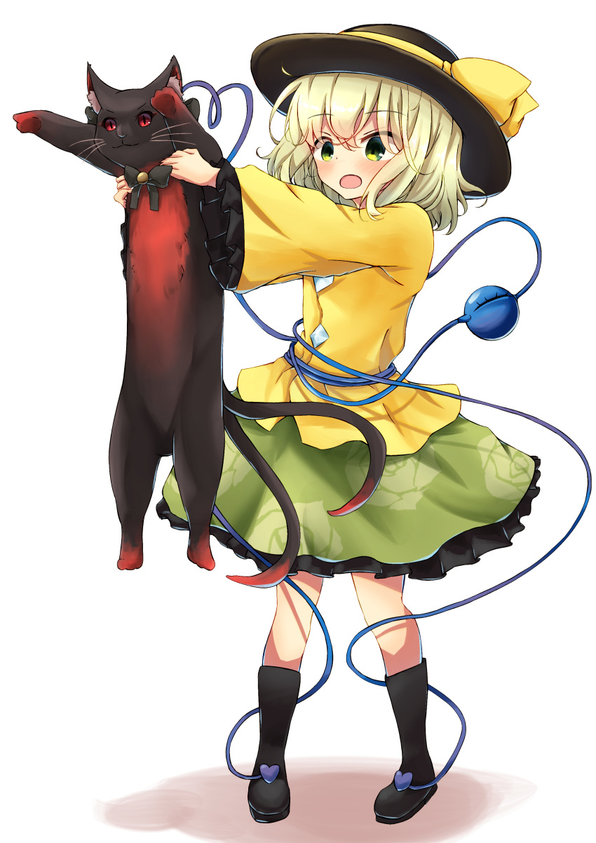 :o absurdres arms_up black_footwear black_headwear blonde_hair blouse blush boots cat eyebrows_visible_through_hair floral_print frilled_skirt frilled_sleeves frills full_body green_eyes green_skirt hair_between_eyes hat hat_ribbon heart heart_of_string highres holding holding_cat kaenbyou_rin kaenbyou_rin_(cat) komeiji_koishi lifting long_sleeves longcat open_mouth outstretched_arms petticoat ribbon rose_print sachisudesu shadow short_hair simple_background skirt standing third_eye touhou white_background yellow_blouse