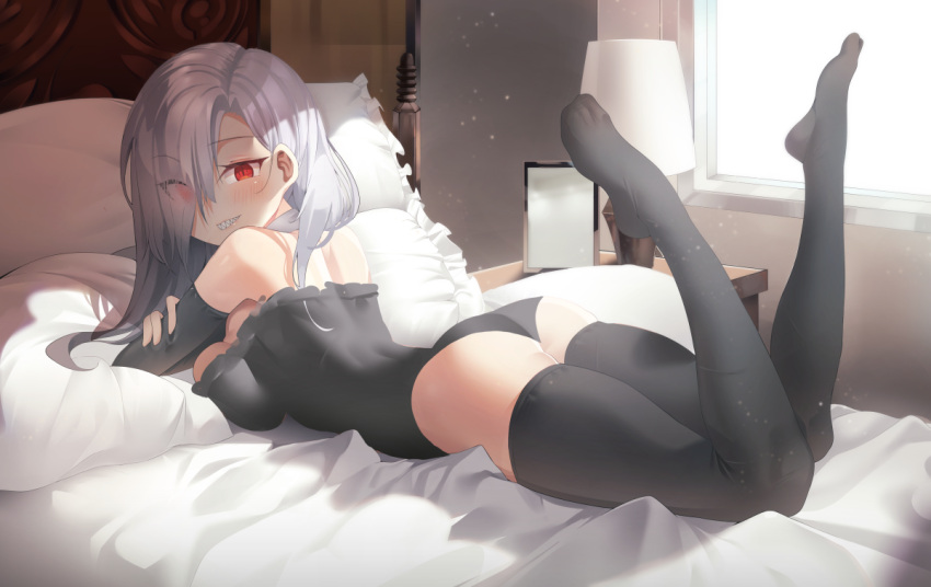 1girl ass bare_shoulders bed black_legwear black_sleeves black_swimsuit blush breasts commission eyebrows_visible_through_hair grey_hair large_breasts long_hair looking_at_viewer lying on_bed on_stomach original pring654 red_eyes sharp_teeth solo swimsuit teeth thigh-highs