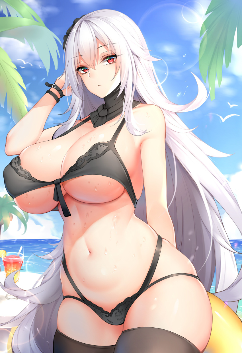 1girl absurdres azur_lane bangs bare_shoulders beach bikini bird black_bikini blue_sky bracelet breasts chixiao closed_mouth clouds commentary_request crossed_bangs detached_collar drink eyebrows_visible_through_hair glass graf_zeppelin_(azur_lane) hair_between_eyes highres innertube jewelry large_breasts lens_flare long_hair looking_at_viewer ocean palm_tree pout red_eyes silver_hair sky swimsuit table thigh-highs tree under_boob very_long_hair water water_drop waves wet