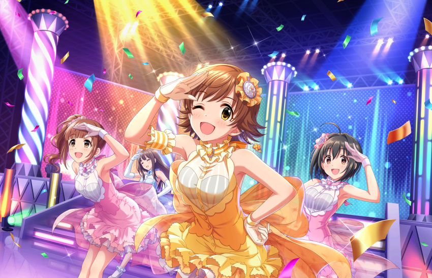 4girls blush brown_eyes brown_hair character_request confetti dress group honda_mio idolmaster_cinderella_girls_starlight_stage looking_at_viewer official_art open_mouth short_hair smile stage_lights wink