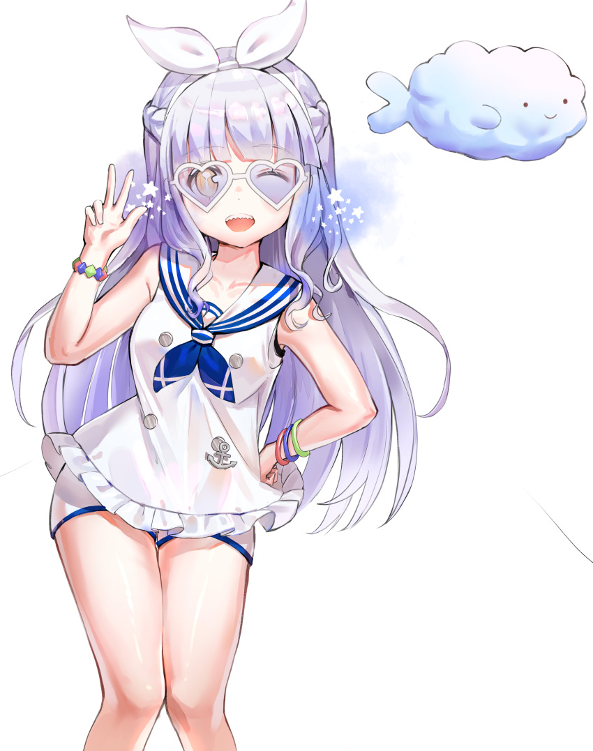 1girl absurdres anchor_symbol bangs bare_arms bare_shoulders blush breasts clouds commentary_request commission dot_nose elsword eyebrows_visible_through_hair glasses grey_hair hairband heart highres kian long_hair looking_at_viewer one_eye_closed original sailor_collar sharp_teeth shirt short_shorts shorts silver_hair simple_background sleeveless sleeveless_shirt solo teeth thighs w white_background white_hairband white_shirt white_shorts yellow_eyes