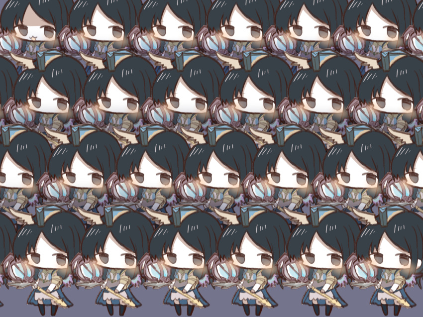 6+girls bangs black_hair black_legwear blue_cape blue_headwear blush brown_dress brown_eyes brown_wings cape character_request cottontailtokki dress eyebrows_behind_hair forehead glowing grey_background hat head_wings holding holding_staff long_hair mini_hat multiple_girls parted_bangs shadowverse simple_background single_wing staff standing thigh-highs wings