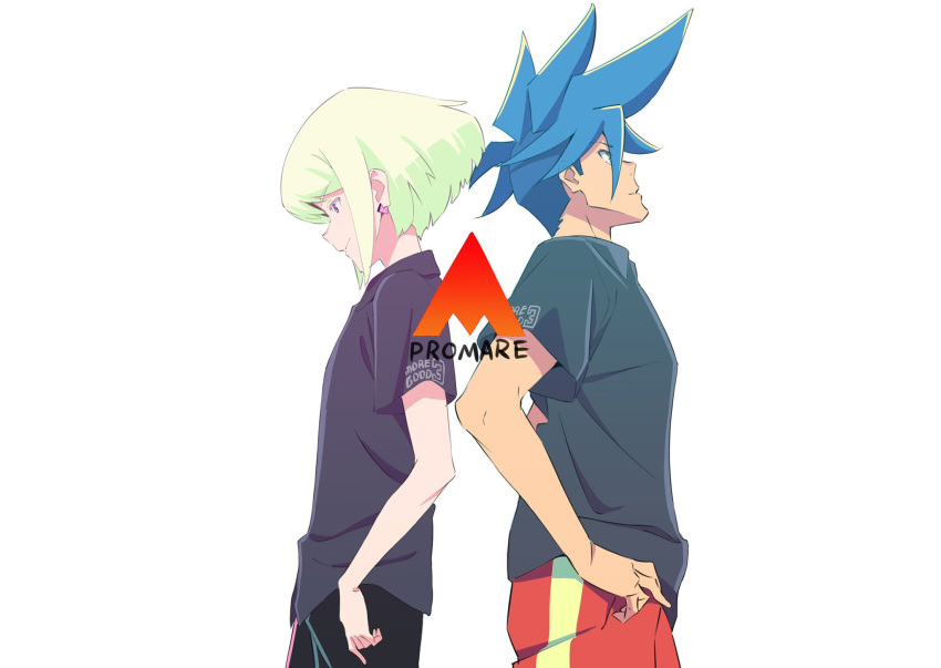2boys back-to-back blonde_hair blue_hair copyright_name earrings galo_thymos hand_on_hip highres jewelry kengo lio_fotia looking_down looking_up male_focus multiple_boys pants promare shirt short_hair spiky_hair violet_eyes