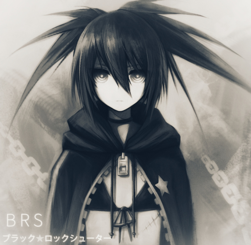 asymmetrical_hair black_bikini_top black_coat black_hair black_ribbon black_rock_shooter black_rock_shooter_(character) character_name choker closed_mouth copyright_name front-tie_bikini front-tie_top grey_background grey_eyes hair_between_eyes highres long_hair looking_at_viewer ly_(pixiv13839236) ribbon scar spiky_hair twintails upper_body zipper