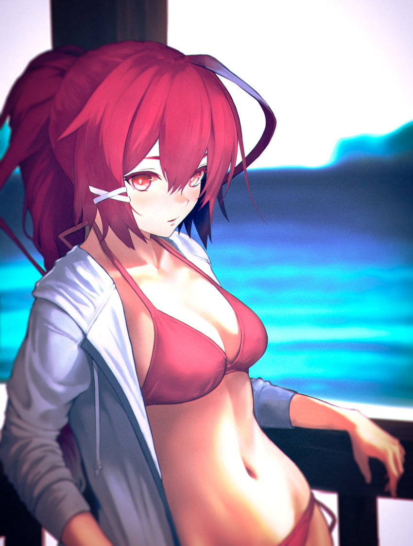 1girl absurdres ahoge alternate_costume bangs bikini blush breasts hair_between_eyes hair_ornament hara_shoutarou highres hood hooded_jacket hoodie i-168_(kantai_collection) jacket kantai_collection long_hair navel open_clothes open_jacket open_mouth outdoors pink_eyes pink_hair pink_swimsuit ponytail solo swimsuit water white_jacket x_hair_ornament