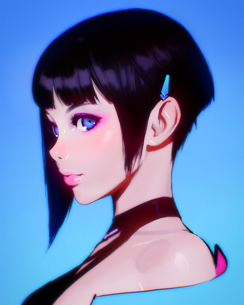 1girl asymmetrical_hair bangs bare_shoulders blue_background blue_eyes blunt_bangs close-up closed_mouth cyber_hunter face hair_ornament hairclip highres ilya_kuvshinov lips looking_at_viewer profile short_hair solo upper_body zero_(cyber_hunter)