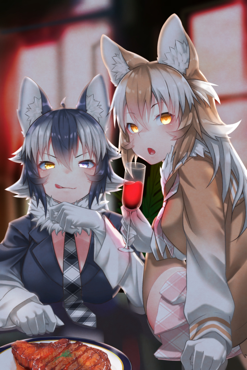 2girls absurdres ahoge alcohol animal_ears black_hair blue_eyes blush breasts brown_hair closed_eyes cup drinking_glass eyebrows_visible_through_hair fang food fur_collar gloves glowing glowing_eyes grey_wolf_(kemono_friends) heterochromia highres japanese_wolf_(kemono_friends) kemono_friends long_hair looking_at_viewer meat multicolored_hair multiple_girls necktie open_mouth plaid_neckwear sitting skirt smile st.takuma tail tongue two-tone_hair white_gloves white_hair wine wine_glass wolf_ears wolf_girl wolf_tail yellow_eyes