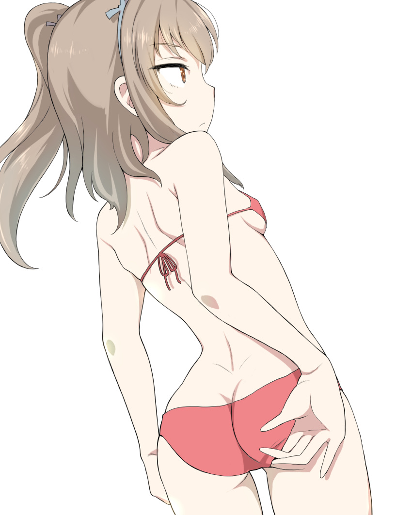 1girl adjusting_clothes adjusting_swimsuit ass back bikini blue_ribbon breasts brown_eyes butt_crack commentary_request cowboy_shot dutch_angle from_behind girls_und_panzer hair_ribbon highres light_brown_hair long_hair one_side_up pink_bikini ribbon shimada_arisu shiroobi_(whitebeltmaster) sideboob simple_background small_breasts solo standing swimsuit white_background