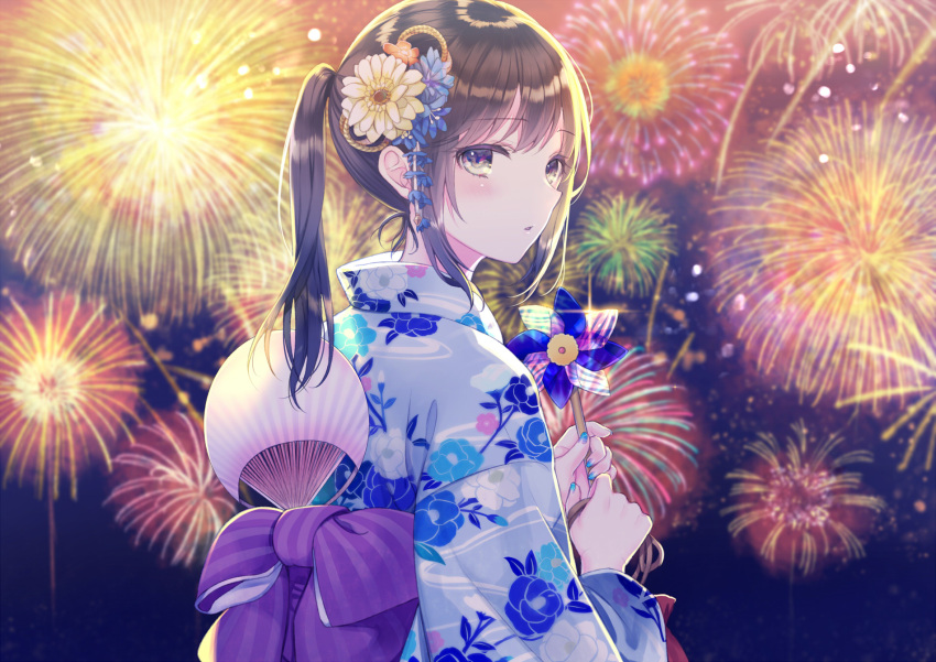 1girl aerial_fireworks bangs blue_flower blue_kimono blue_nails blurry blurry_background blush bow brown_hair commentary_request depth_of_field eyebrows_visible_through_hair fan fingernails fireworks floral_print flower grey_eyes hair_flower hair_ornament highres holding japanese_clothes kashiwabara_en kimono long_sleeves looking_at_viewer looking_back nail_polish night night_sky original outdoors paper_fan parted_lips pinwheel ponytail print_kimono purple_bow sidelocks sky solo striped striped_bow uchiwa upper_body white_flower