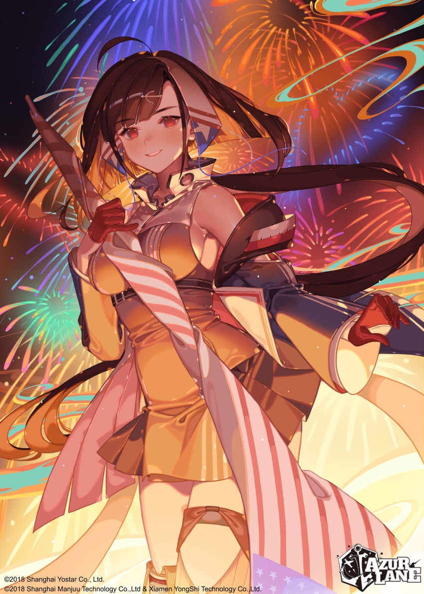 1girl absurdres ahoge american_flag anchor_hair_ornament azur_lane breasts brown_hair fireworks flag gloves hair_ornament hairband half_gloves highres independence_(azur_lane) jewelry large_breasts long_hair low_ponytail official_art orange_sekaii pleated_skirt red_eyes skirt solo very_long_hair