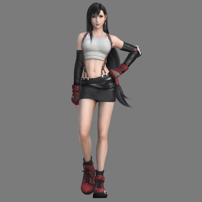 1girl 3d absurdres bangs bare_shoulders belt black_belt black_hair black_legwear black_skirt black_socks breasts cg closed_mouth crop_top cross-laced_footwear dissidia_final_fantasy_nt earrings elbow_gloves female final_fantasy final_fantasy_vii full_body gloves grey_background hand_on_hip high_tops highres jewelry large_breasts leather_belt long_hair looking_at_viewer low-tied_long_hair midriff miniskirt navel official_art red_eyes red_footwear red_gloves red_shoes shoes simple_background skirt sleeveless sleeveless_shirt socks solo standing suspender_skirt suspenders tank_top tifa_lockhart