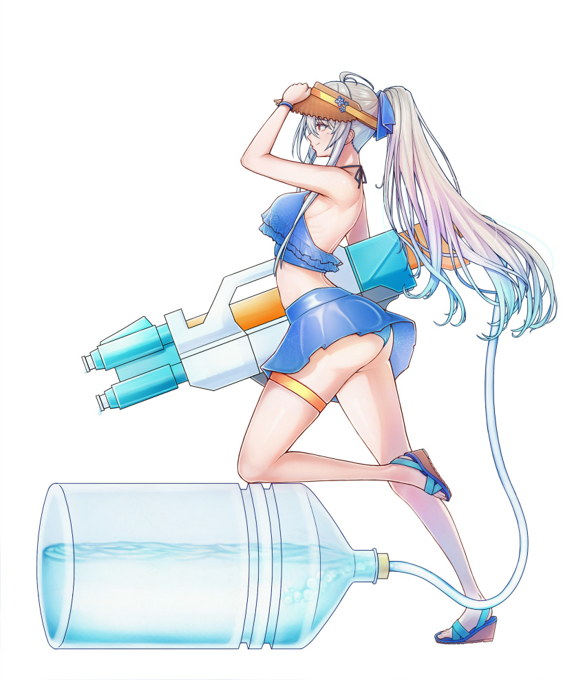 1girl absurdres air_bubble antenna_hair arched_back ass bikini bikini_skirt blue_bikini blue_hair blue_ribbon bottle breasts bubble frilled_bikini frilled_bikini_top frills from_side full_body gradient_hair grey_hair hair_between_eyes hair_ribbon hand_on_headwear hank_(gogaek) high_ponytail highres last_origin long_hair medium_breasts multicolored_hair one_knee ponytail red_eyes ribbon sandals smile solo super_soaker swimsuit thigh_strap very_long_hair visor water water_bottle wristband x-05_emily_(last_origin)