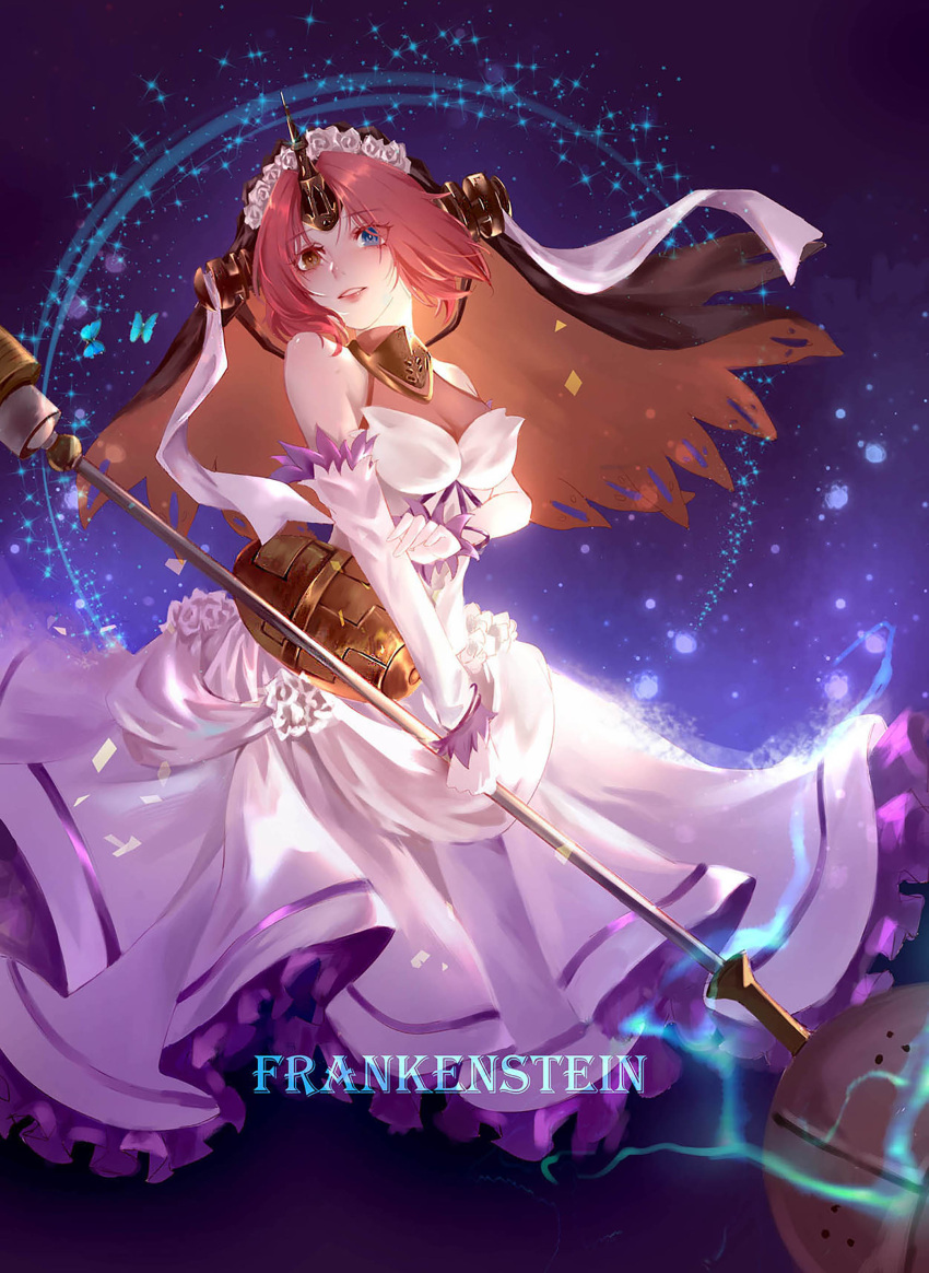 1girl absurdres blue_eyes brown_eyes character_name detached_sleeves dress eyebrows_visible_through_hair fate/apocrypha fate_(series) floating_hair flower frankenstein's_monster_(fate) frilled_dress frills hair_flower hair_ornament head_wreath heterochromia highres holding horns long_dress long_sleeves purple_background redhead shiny shiny_hair short_hair sleeveless sleeveless_dress solo user_szcd8257 veil wedding_dress white_dress white_flower white_sleeves