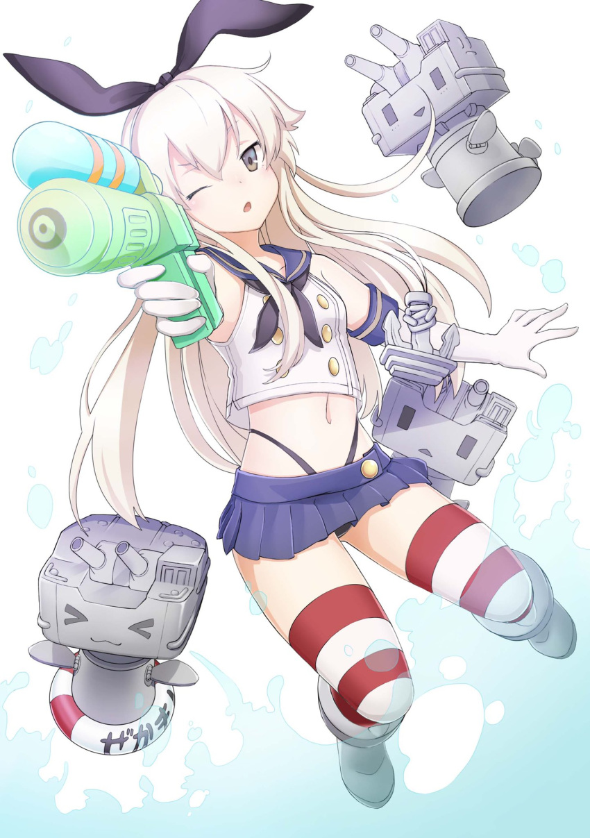 1girl 3others aiming anchor_hair_ornament black_hairband black_neckwear black_panties blonde_hair blue_sailor_collar blue_skirt crop_top elbow_gloves foreshortening gloves grey_eyes hair_ornament hairband highleg highleg_panties highres kantai_collection long_hair microskirt miniskirt multiple_others navel neckerchief one_eye_closed panties panty_straps pleated_skirt rensouhou-chan rimaru sailor_collar shimakaze_(kantai_collection) skirt striped striped_legwear thigh-highs underwear water_gun white_gloves
